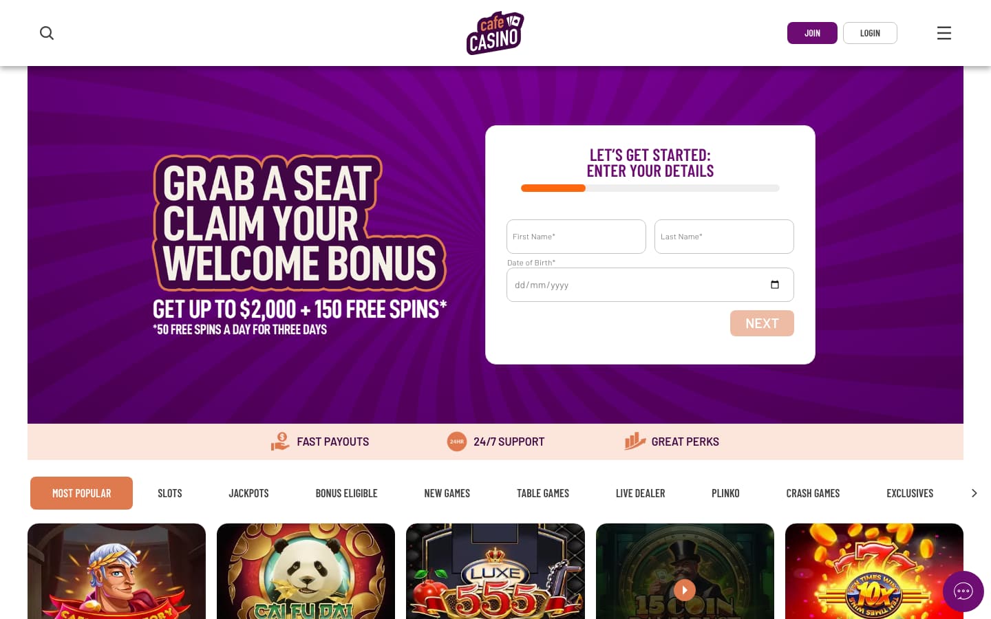 Cafe Casino’s home page on a desktop browser at 1440 by 900 pixels