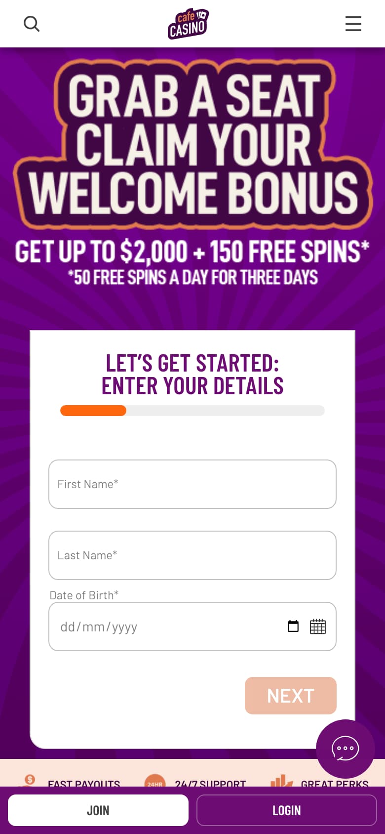 Cafe Casino’s home page on a phone at 390 by 844 pixels