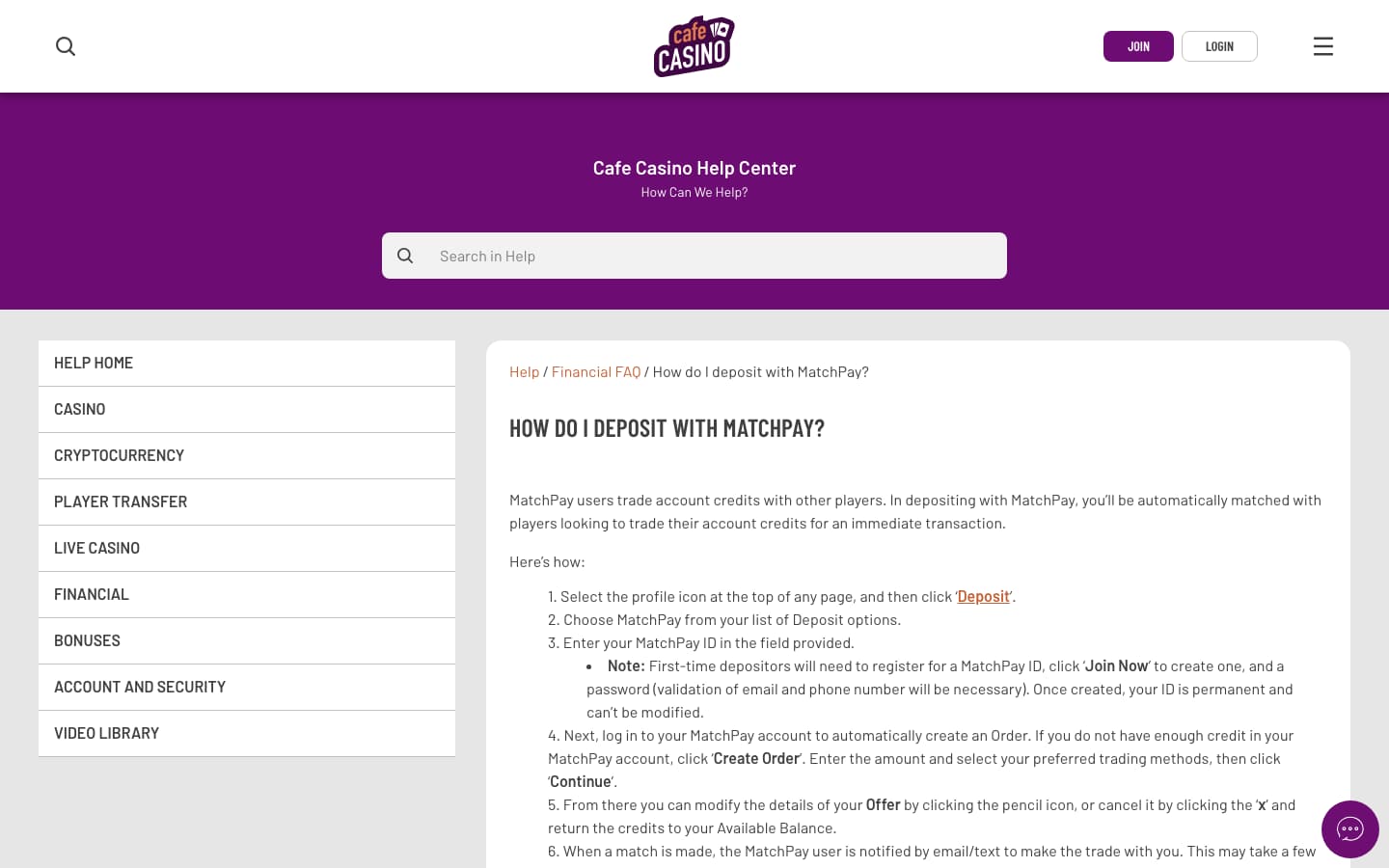 Cafe Casino’s MatchPay deposit help page on a desktop browser at 1440 by 900 pixels