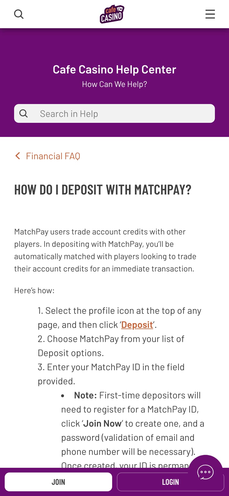 Cafe Casino’s MatchPay deposit help page on a phone at 390 by 844 pixels