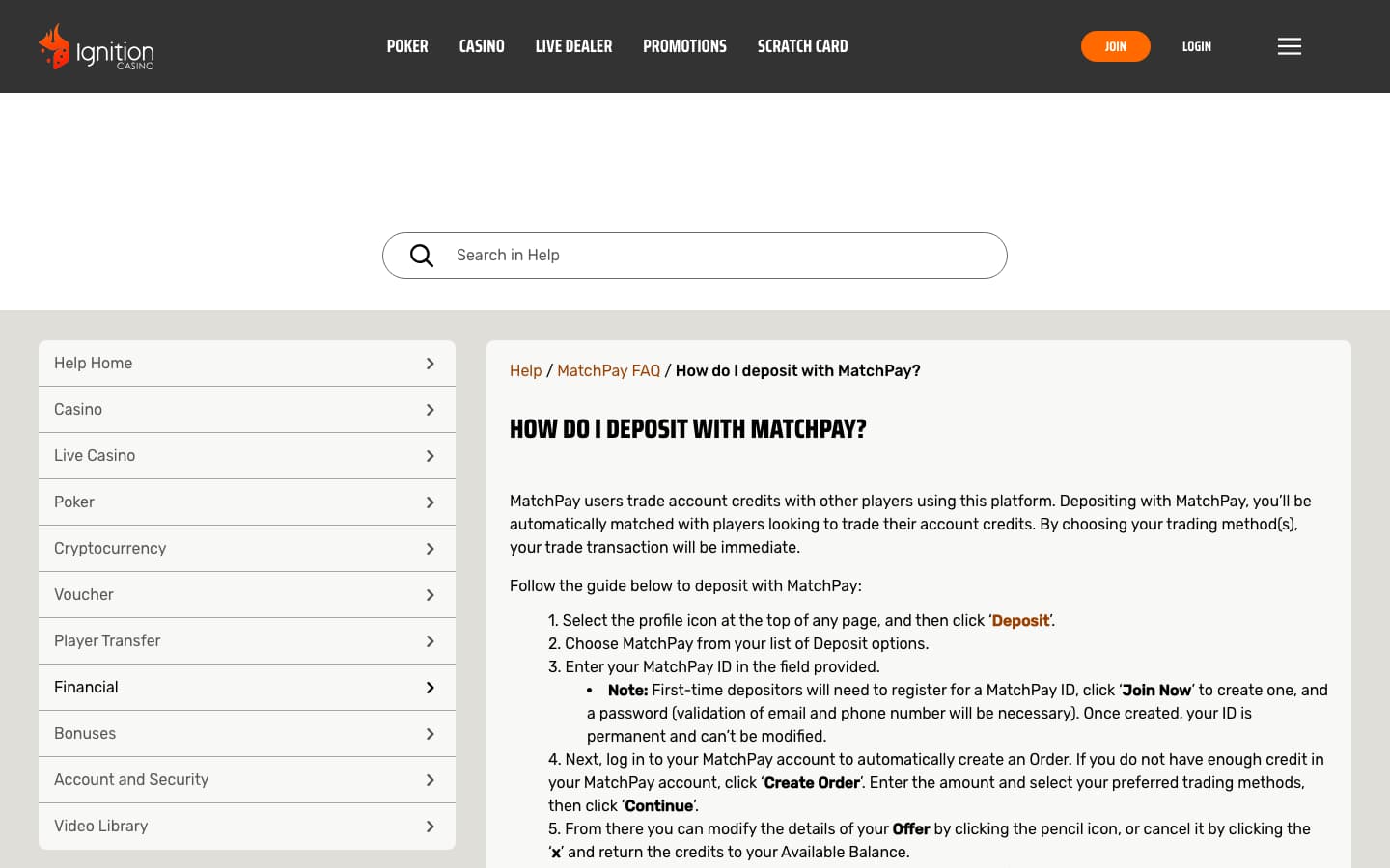 Ignition’s MatchPay deposit help page on a desktop browser at 1440 by 900 pixels