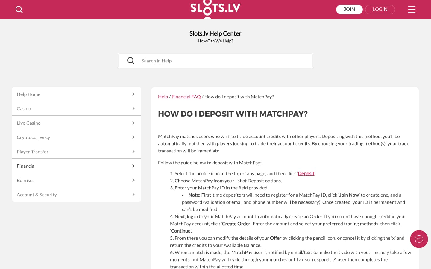 Slots.lv’s MatchPay deposit help page on a desktop browser at 1440 by 900 pixels